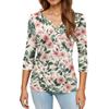 Modisches lässiges Retro-Blumenmuster V-Ausschnitt Knopfleiste Drei-Viertel-Ärmel T-Shirt Top für Damen