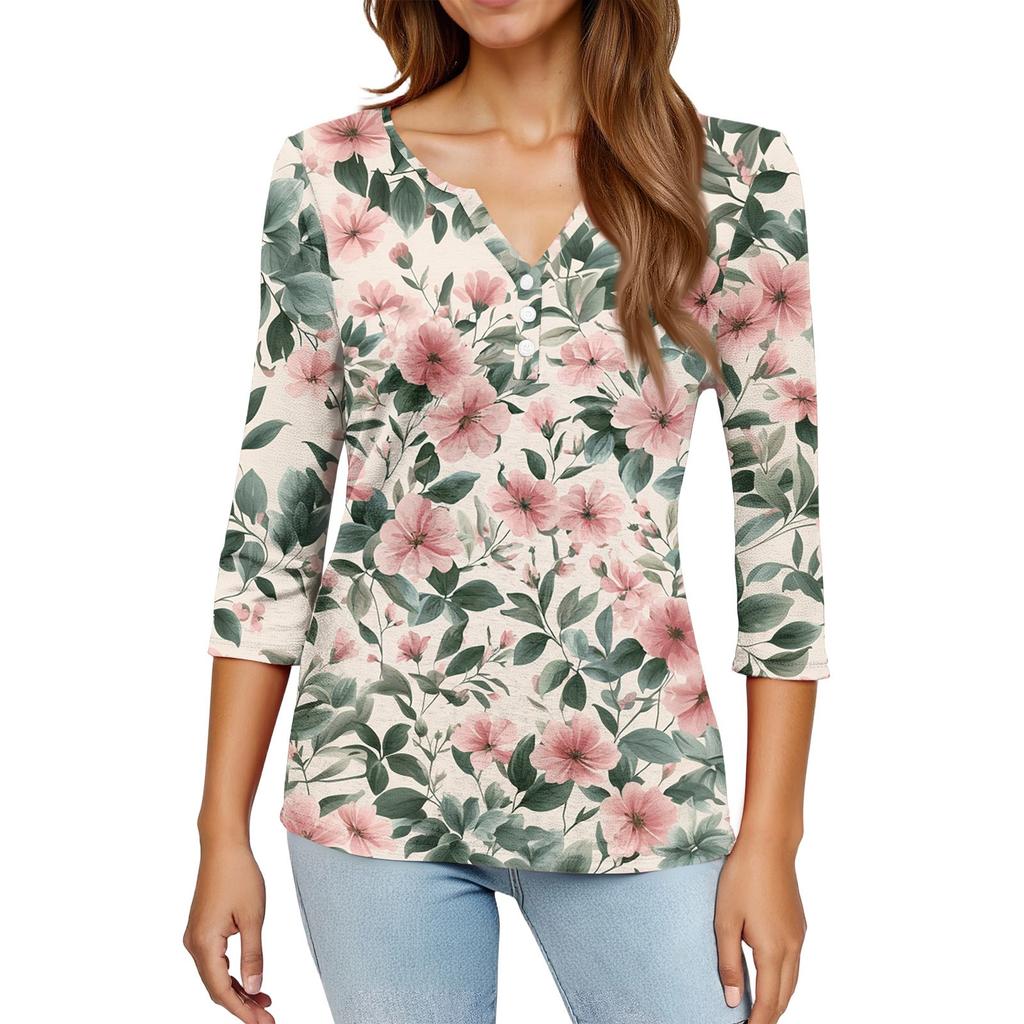Modisches lässiges Retro-Blumenmuster V-Ausschnitt Knopfleiste Drei-Viertel-Ärmel T-Shirt Top für Damen