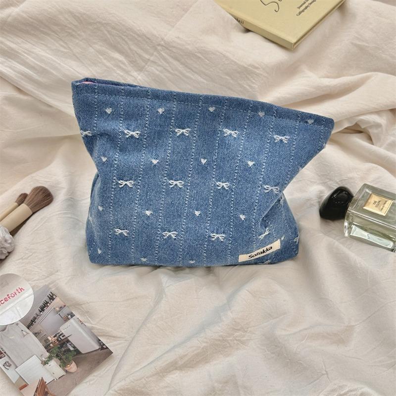410125 Denim Bow Cosmetic Bag Water Milk Skin Care Products Large Capacity Zipper Storage Bag Shopping Clutch Bag