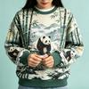 Women Crew Neck Fleece Sweatshirt Autumn Forest Fox Maple Leaf Mountain Stream Print Long Sleeve Loose No Hood Warm