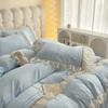 INS Girls Blue Bedding Sets Solid Color Ruffles Lace Kawaii Soft Bed Skirt Sheet Woman Duvet Cover Pillow Covers Quilt Cover