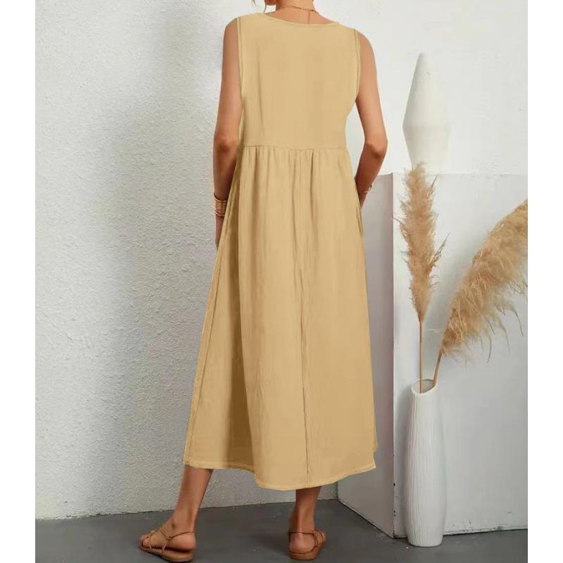 Fashionable Summer Temperament Women's Solid Color Cotton Linen Loose V-neck Dress