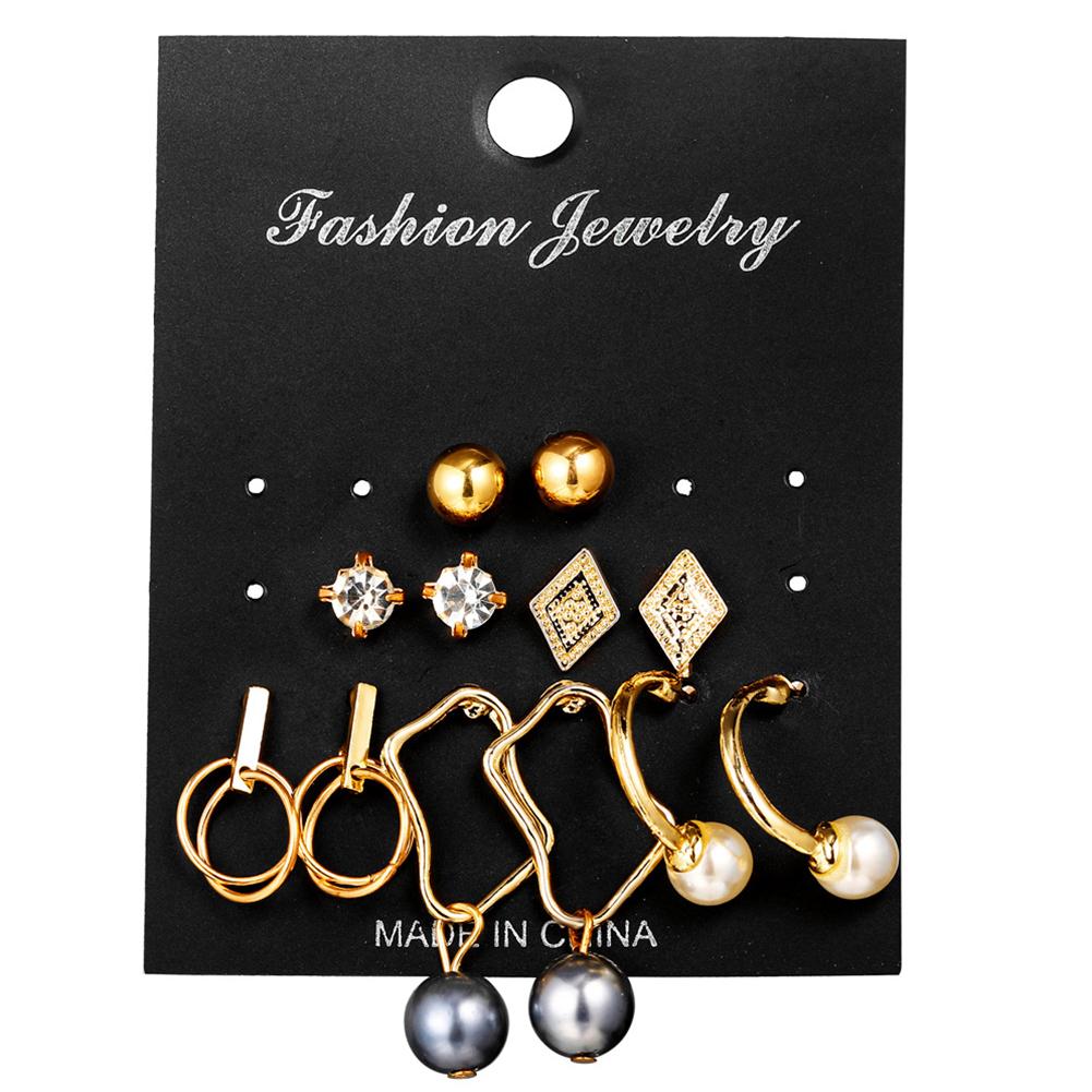 6 pairs Fashion Geometric Irregular Metal Pearl Pendant Earrings