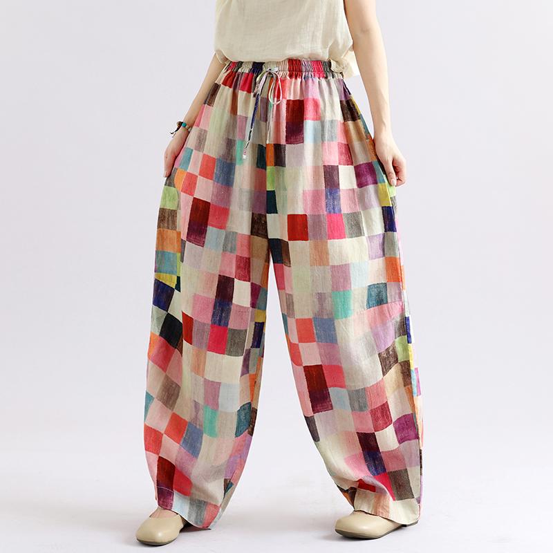 DIMANAF 2026 Autumn New Plus Size Women Long Pants Print Floral Cotton Linen Vintage Loose Elastic Waist Casual Lady Bottoms