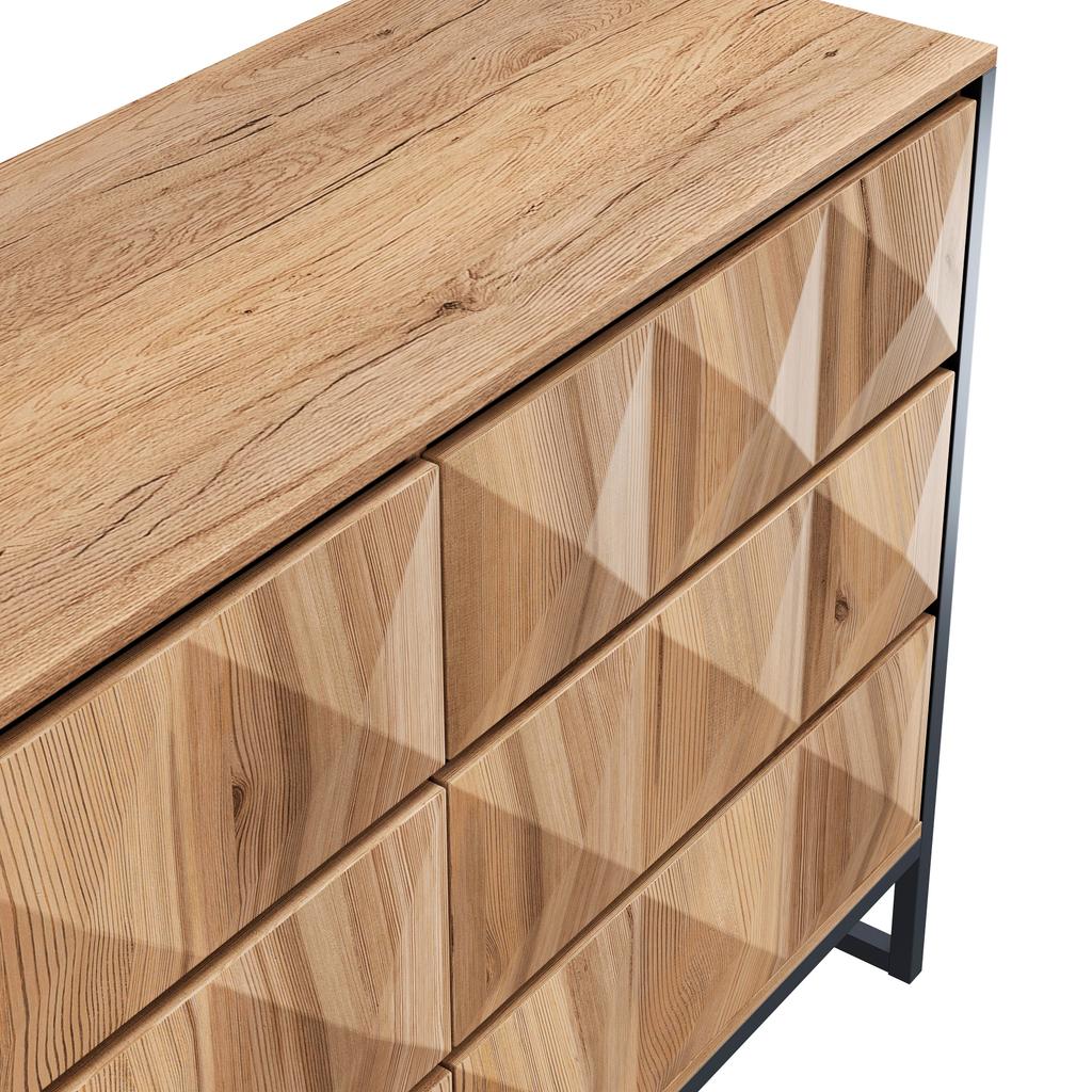 The sideboard and the chest of drawers are characterized by a combination of black and natural wood tones, metal legs and raised doors.