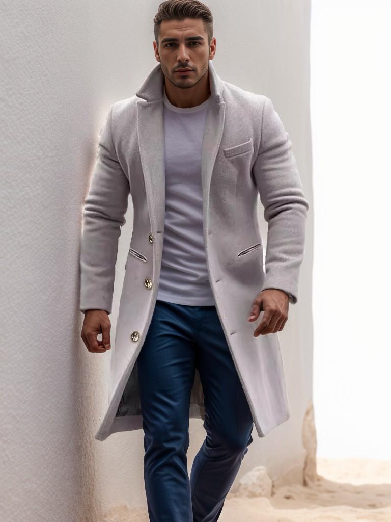 2025 European Men's Woolen Mid-Length Single-Breasted Fashion Overcoat