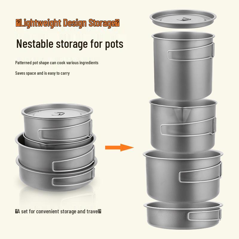 Lightweight Pure Titanium Camping Cookware: Folding Pot, Soup Pot, Tableware, and Multi-Purpose Frying Pan