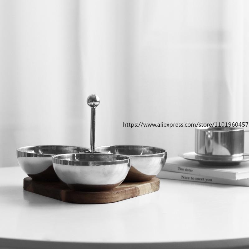 Creative Snack Bowl Electroplated Color Acacia Solid Wood Base With Handle Triangular Stainless Steel Nut Snack Bowl