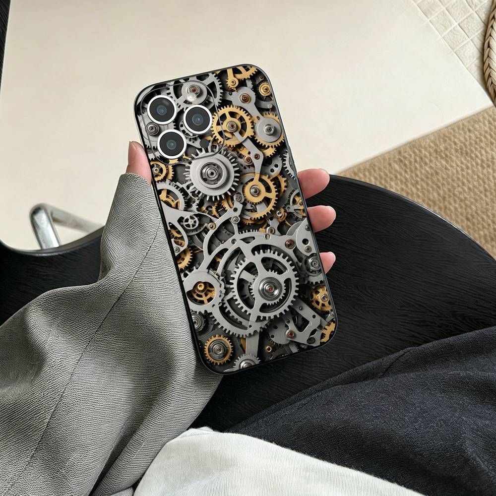 S-Steampunk Gear Mechanical COOL Phone Case For iPhone 17, 16,15,14,13,12,11 Plus,Pro Max, Others Soft Black Cover