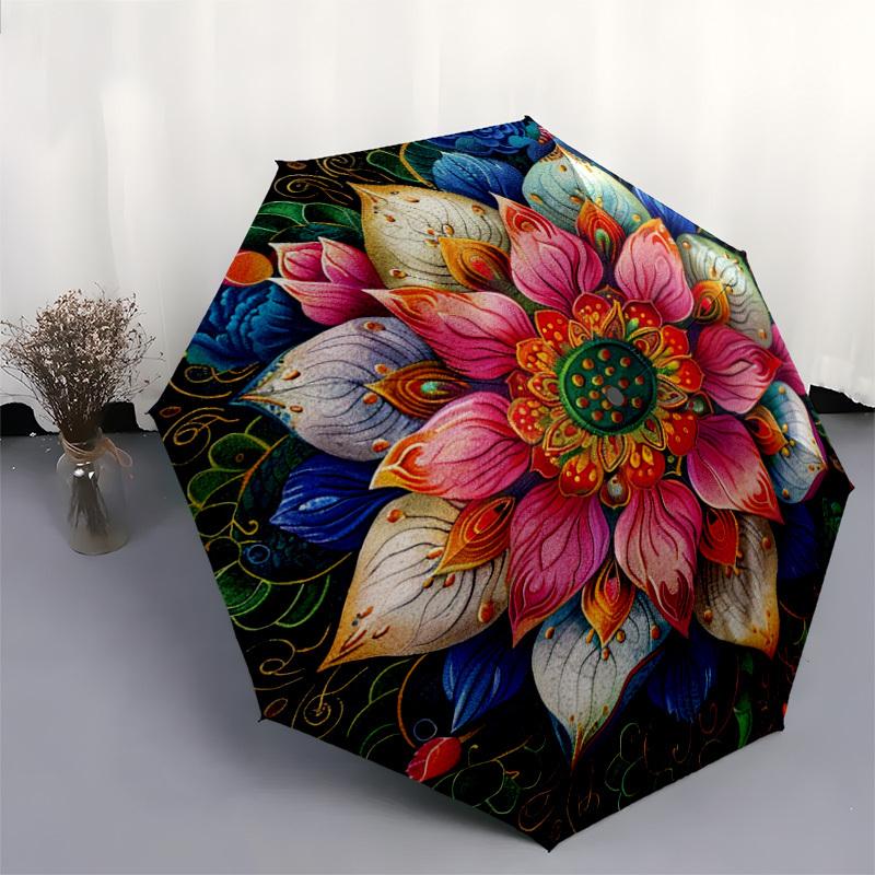 1pc Lotus Mandala Design Umbrella with Plastic Handle,Suitable for All Seasons Home Travel Outdoor UmbrellaDD583
