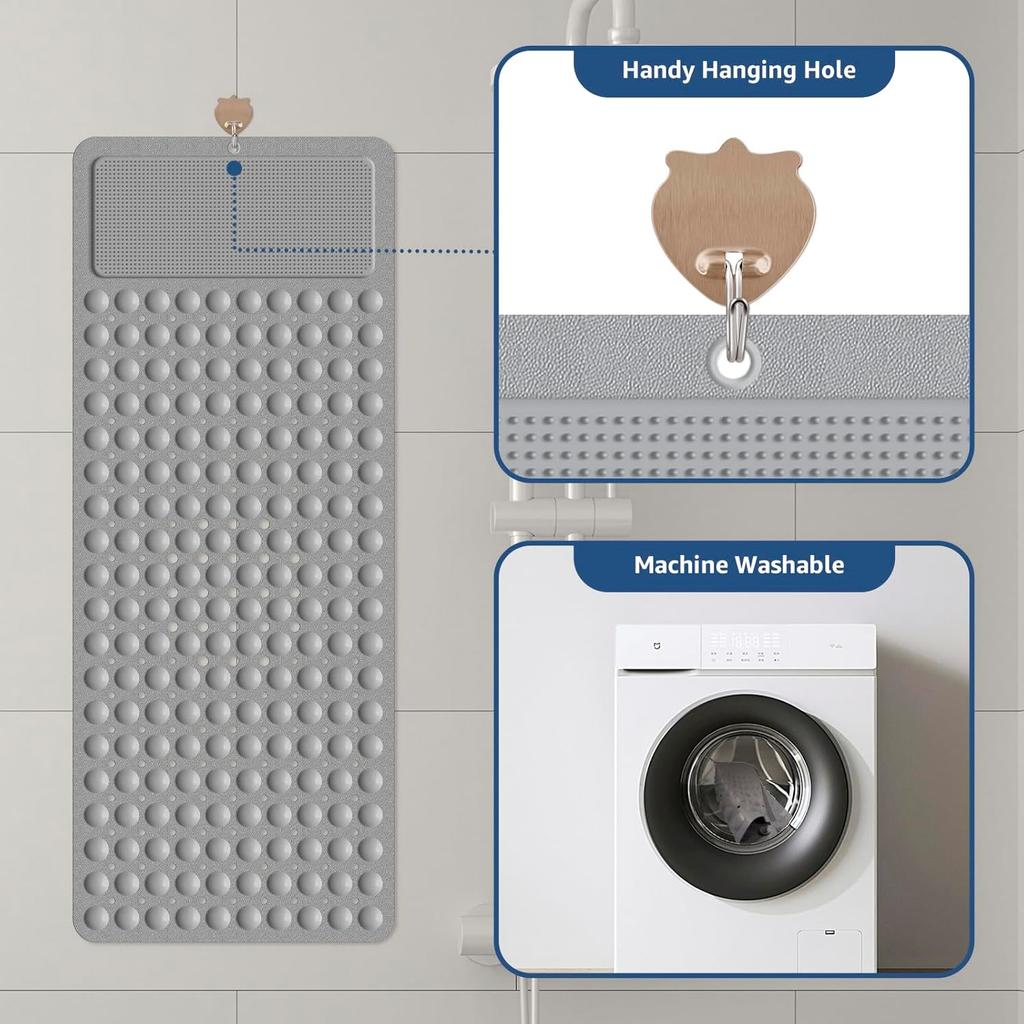 Yolife Non Slip Bathtub Mat, Shower Foot Scrubber Mat, 39 X 16 Inch Extra Long Bath Mat for Tub Non Slip with Suction Cups Drain Holes, Soft TPE Anti