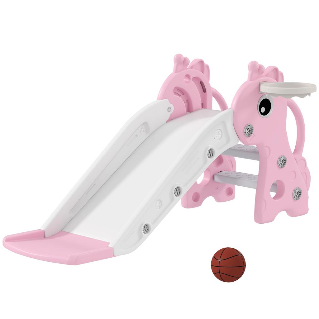 3 In 1 Kids Slide With Climber Basketball Hoop And Ball Giraffe Shape Climber Slide For Indoor Kids Age 1 3 Pink