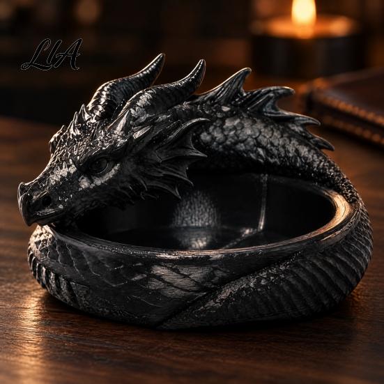 Dresser Top Storage 3D Printed Coiled Dragon Jewelry Tray, Dark Fantasy Trinket Organizer Dish, Theme Party Supplies Gothic Desk for Entryway,