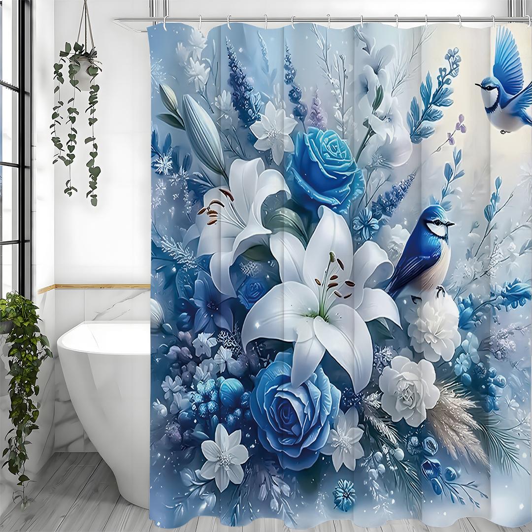 

Синяя шторка для душа с цветочным принтом и птицами, Декоративная шторка для душа для ванной комнаты, Водонепроницаемая шторка для душа с крючками 180*180cm
