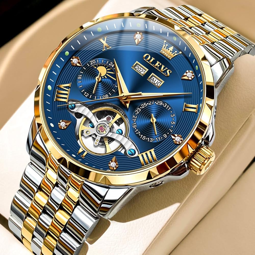 OLEVS Men's Mechanical Automatic Moon Phase Skeleton Watch Waterproof Blue and Gold