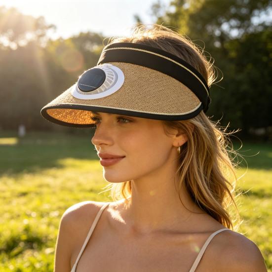 Chapeau de soleil design à sommet vide bord étendu protection solaire intégrale pour tout le visage chapeau avec ventilateur intégré alimenté par énergie solaire circonférence de tête réglable chapeau de paille
