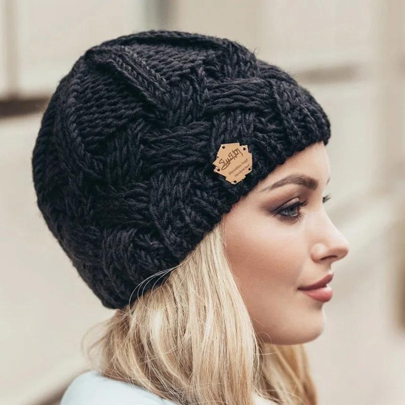 Autumn Winter Hat Knit Hats Warm Knitted Beanie Cap for Women Femme  Thick Stretchy Cap Faux Fur Caps