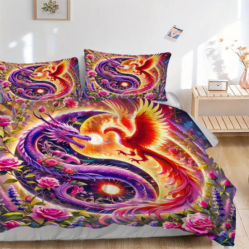 3pcs Dragon and Phoenix Dance Amidst Flowers and Light Pattern Bedding Three-Piece Set (1 Cover + 2 Pillowcases, No Fillings), This Printed