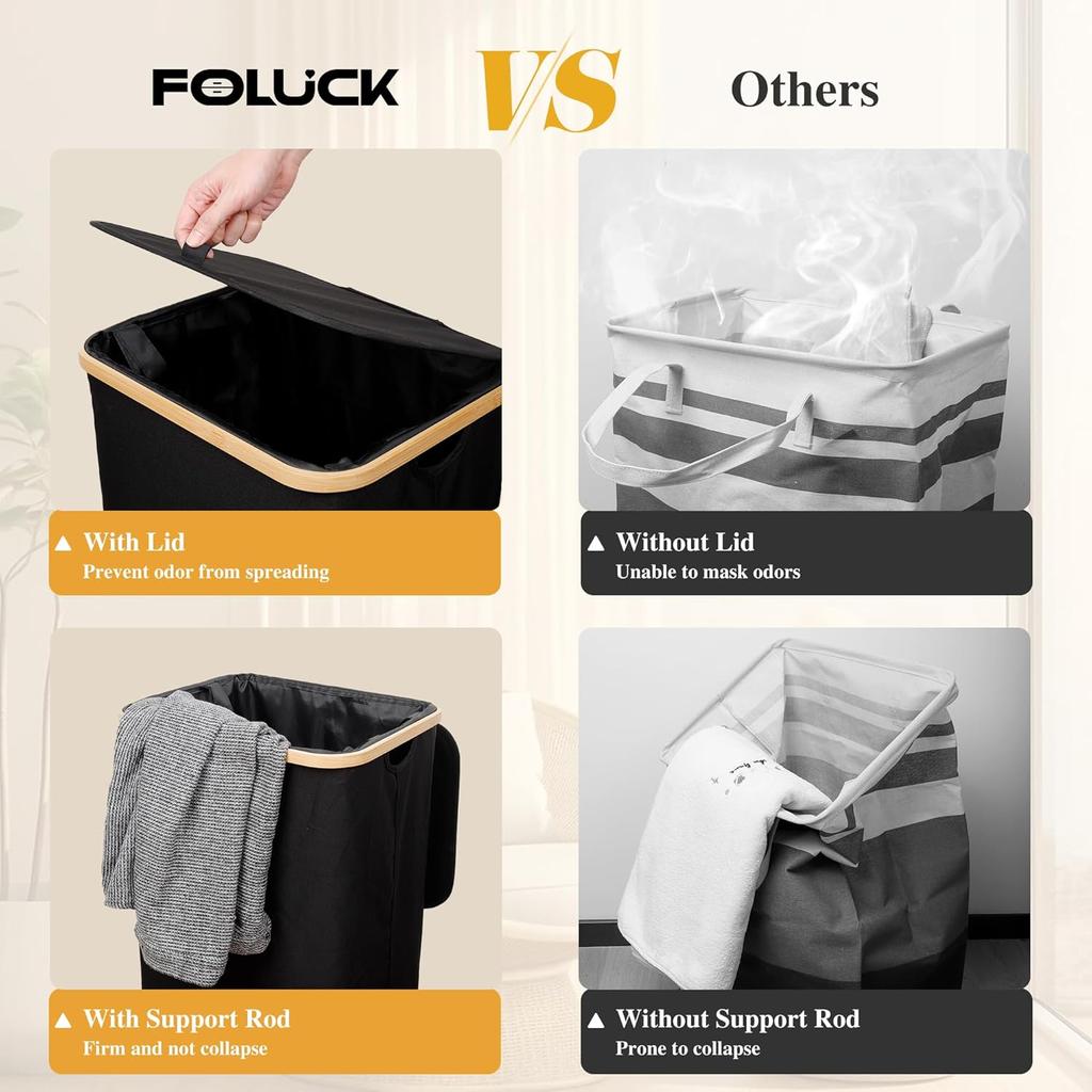 Large Laundry Hamper, 100L Waterproof Laundry Basket with Lid and Removable Bag, Collapsible Tall Clothes Hamper with Bamboo Handles for Clothes Toys