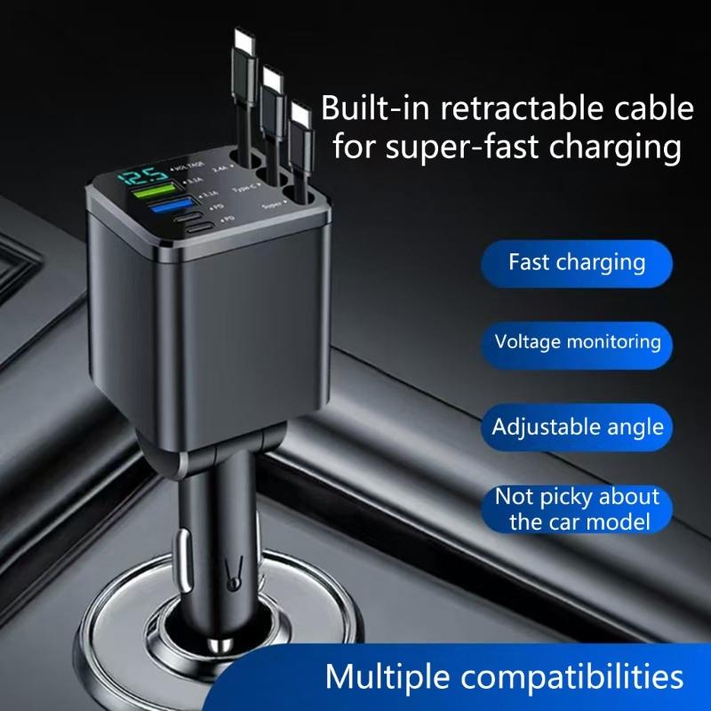 Small Car Charges Retractable 70cm Cable 3 Type C Ports 180 Degree Swivel Head Fast Charging Adapter for Mobile Devices
