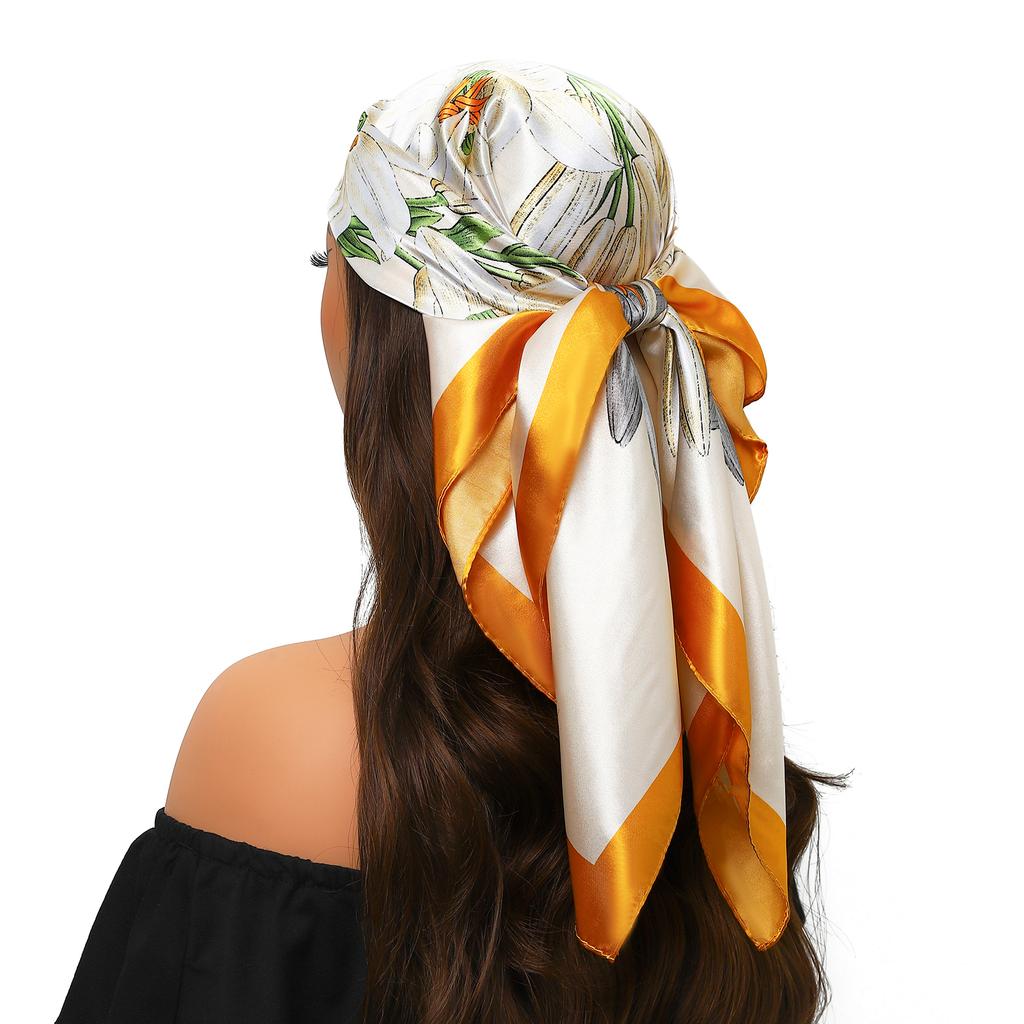 new 90*90cm Vintage Flowers Square Scarf Women Silk Shawl Neckerchief Female Print Headband Head Wraps Foulard Hijab Hair Bands
