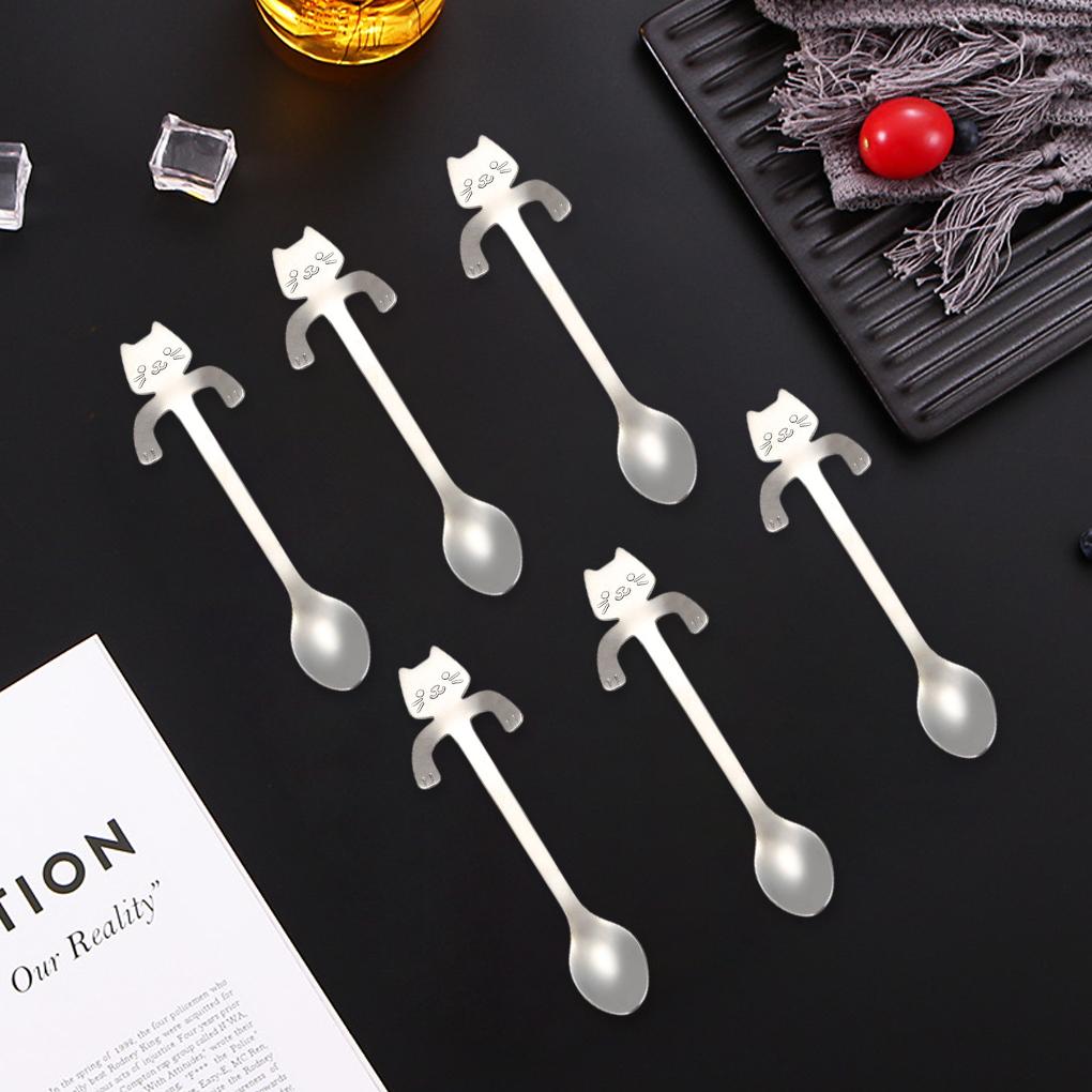 6pcs Hanging Cup Spoon Cute Coffee Spoon Teaspoon Portable Stainless Steel Ice Cream Tableware with Long Handle