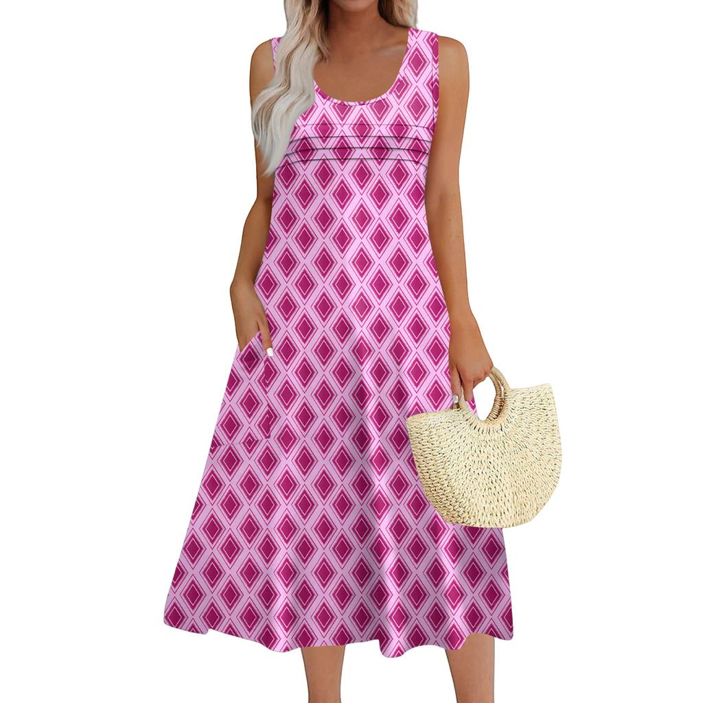 Women's Fashion Round Neck Sleeveless Pleated Beach Dress With Pockets Long Striped Printed Dresses