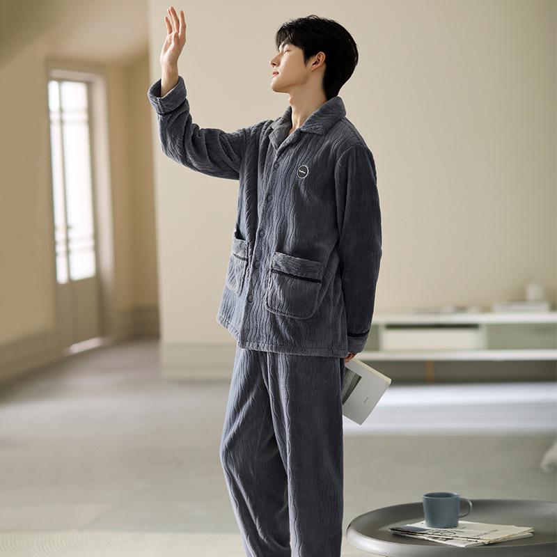 Men's Plus Size Flannel Cardigan Pajamas - Thickened Velvet Winter Homewear