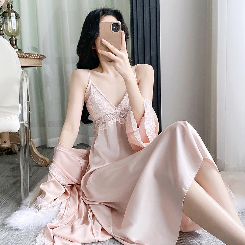Ice silk pajamas women's spring and autumn high-end halter suspender dress nightgown set with chest pad sexy pure loungewear