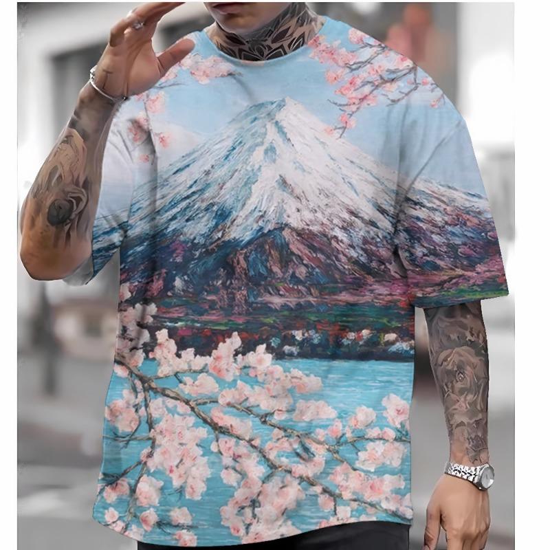 Herren-T-Shirt im japanischen Stil mit Fujiyama-Kirschblüten-Aufdruck, lässiges, lockeres, kurzärmeliges T-Shirt, übergroßes Herren-Bekleidungsoberteil