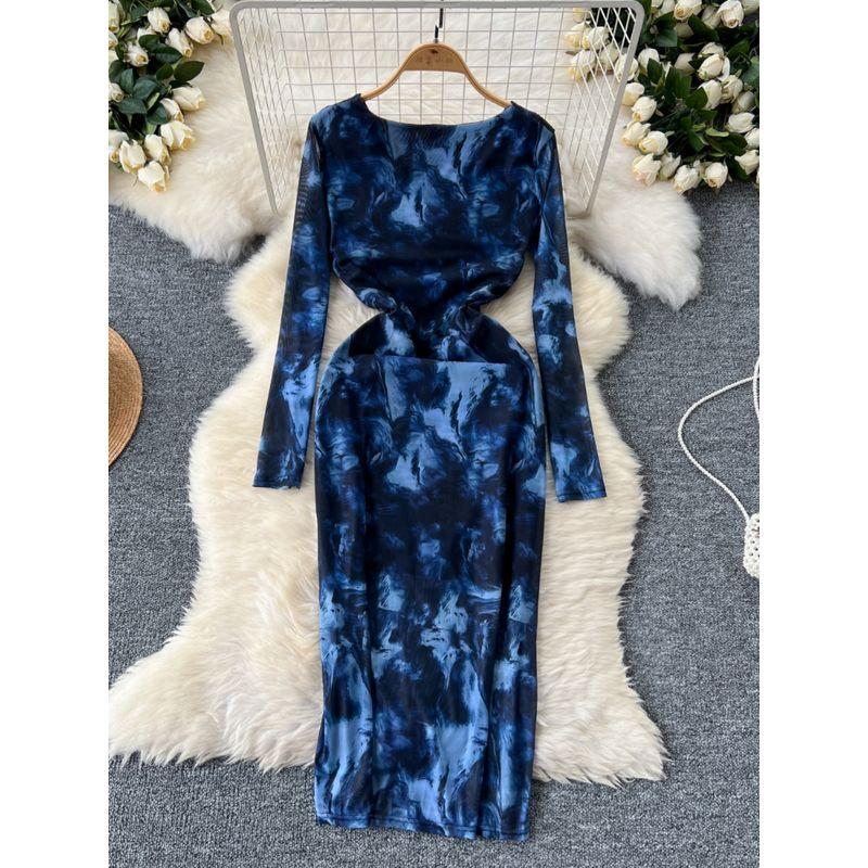 Adult Lady like Woman Fancy Women's Clothing Dress Scheming Ruched Silm Slim Looking Temperament Long Sleeve Mesh Floral Print Hip Skirt