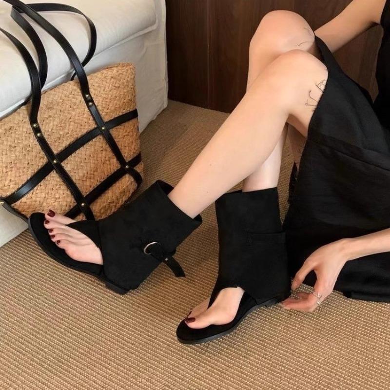 

Summer 2026 Women s Korean Style Short Tube Flat Bottom Thong Slippers Outdoor Versatile Cool Boots Cotton Inner Material 39 чорний