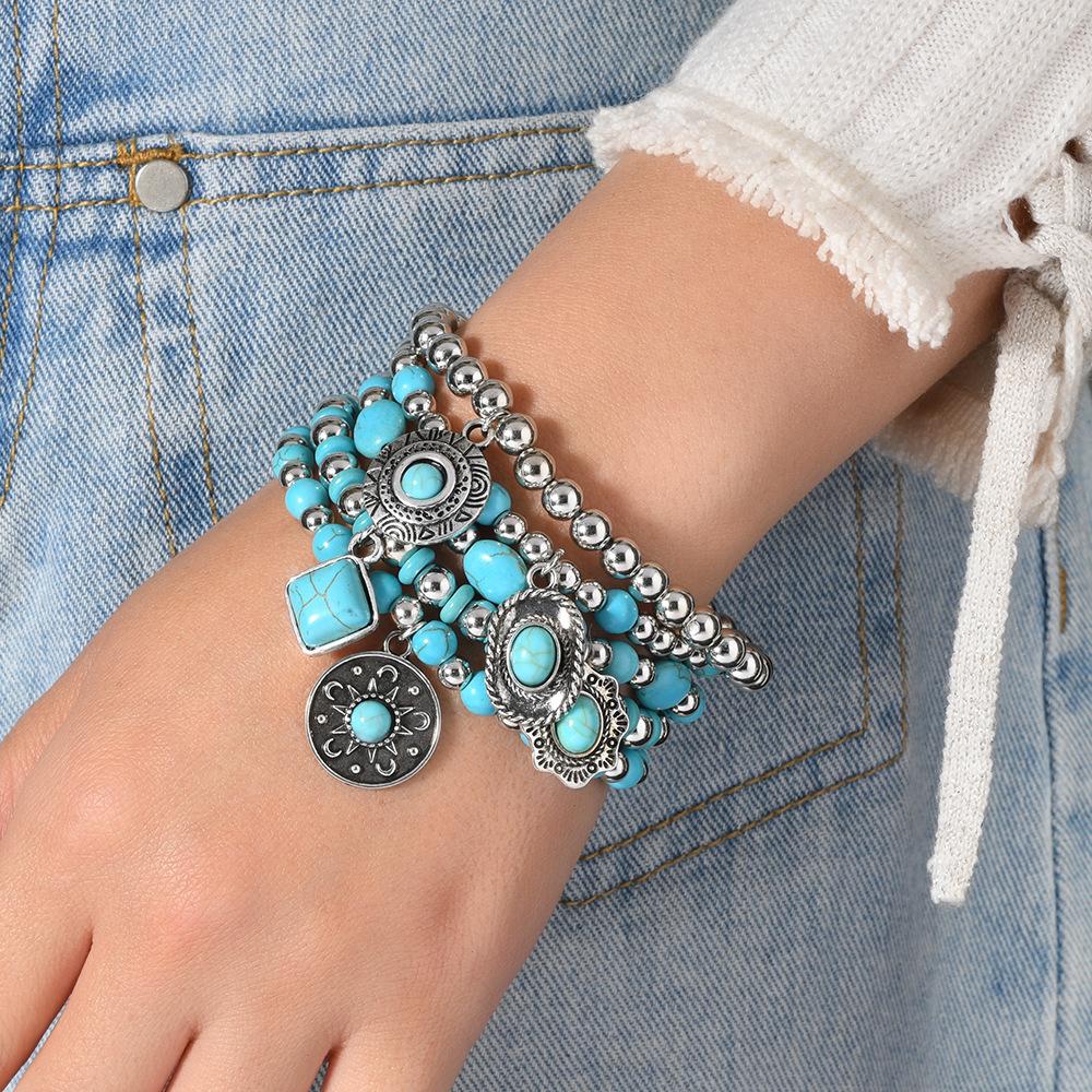 Women Beaded Bracelet Vintage Boho Style Handmade Leather Stretch Bracelet Fashion Vacation Men Accessories 5-piece Set