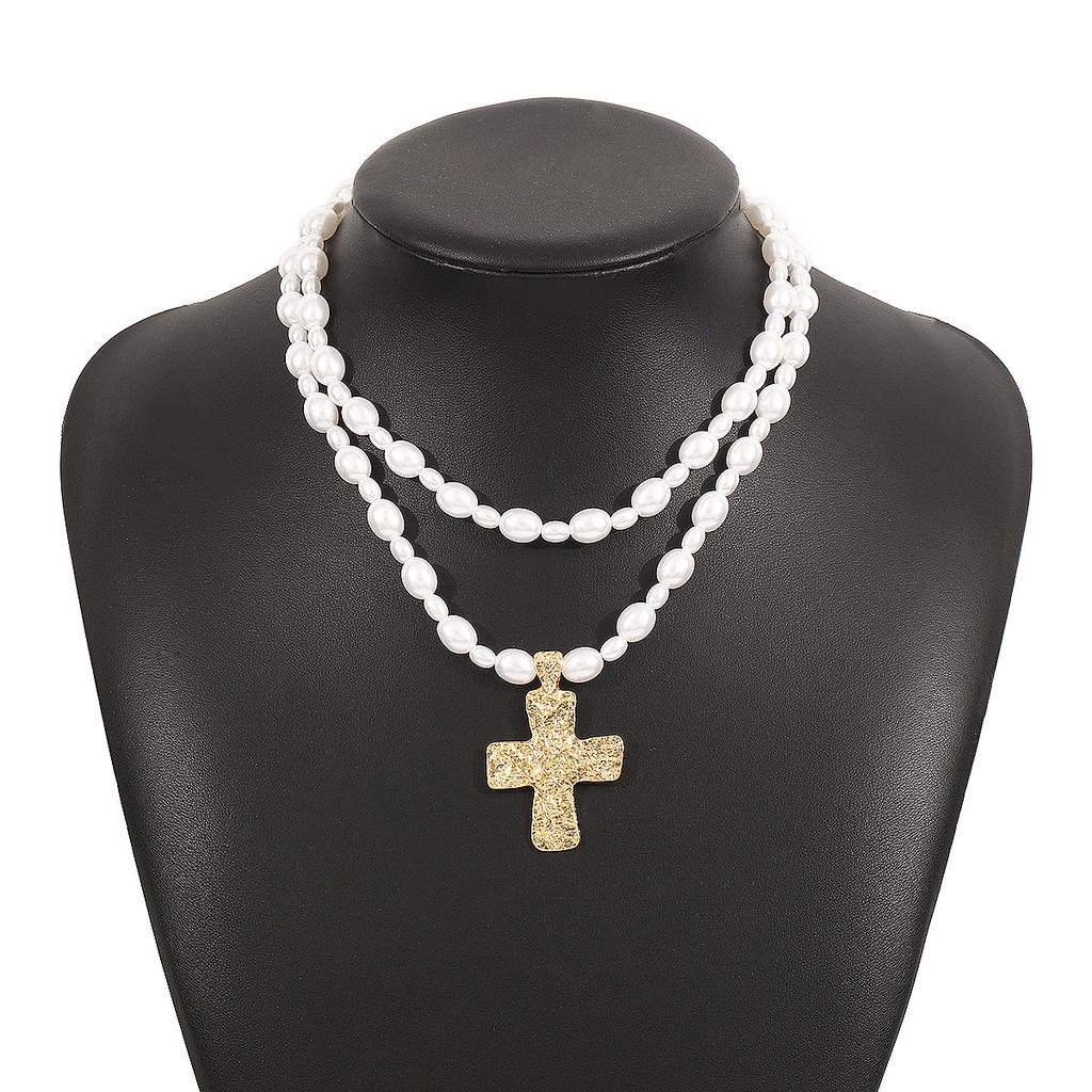 Tooxika Crucifix Pendant Necklace French Vintage Pearl Double Layered Collar Chain