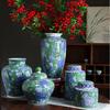 Vaso de Porcelana Azul e Branco Vintage - Jarra Elegante de Cerâmica Verde para Decoração de Hall de Entrada