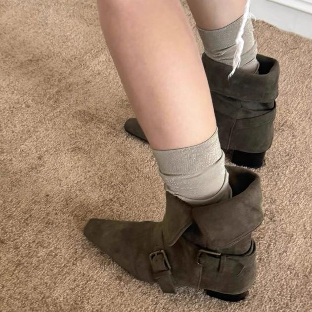 Leather Small Square Head Two Wear Flip-top Western Cowboy Boots Women's Thick Heel Medium Tube Knight Women's Boots Martin Boots