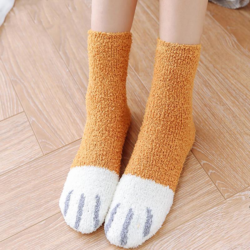 Women Winter Warm Fluffy Socks Home Floor Sleep Cute Cat Paw Socks Thickened Coral Fleece Fuzzy Socks Hosiery Fluffy Funny Socks