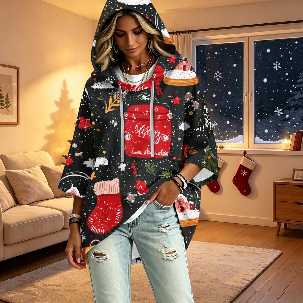 Women's Christmas Print Hooded Pullover Top with Three-Quarter Sleeves
