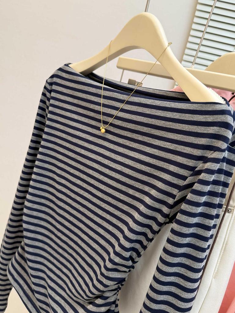 Korean Striped One-Shoulder Long-Sleeve T-Shirt: Women's Fashion 2025