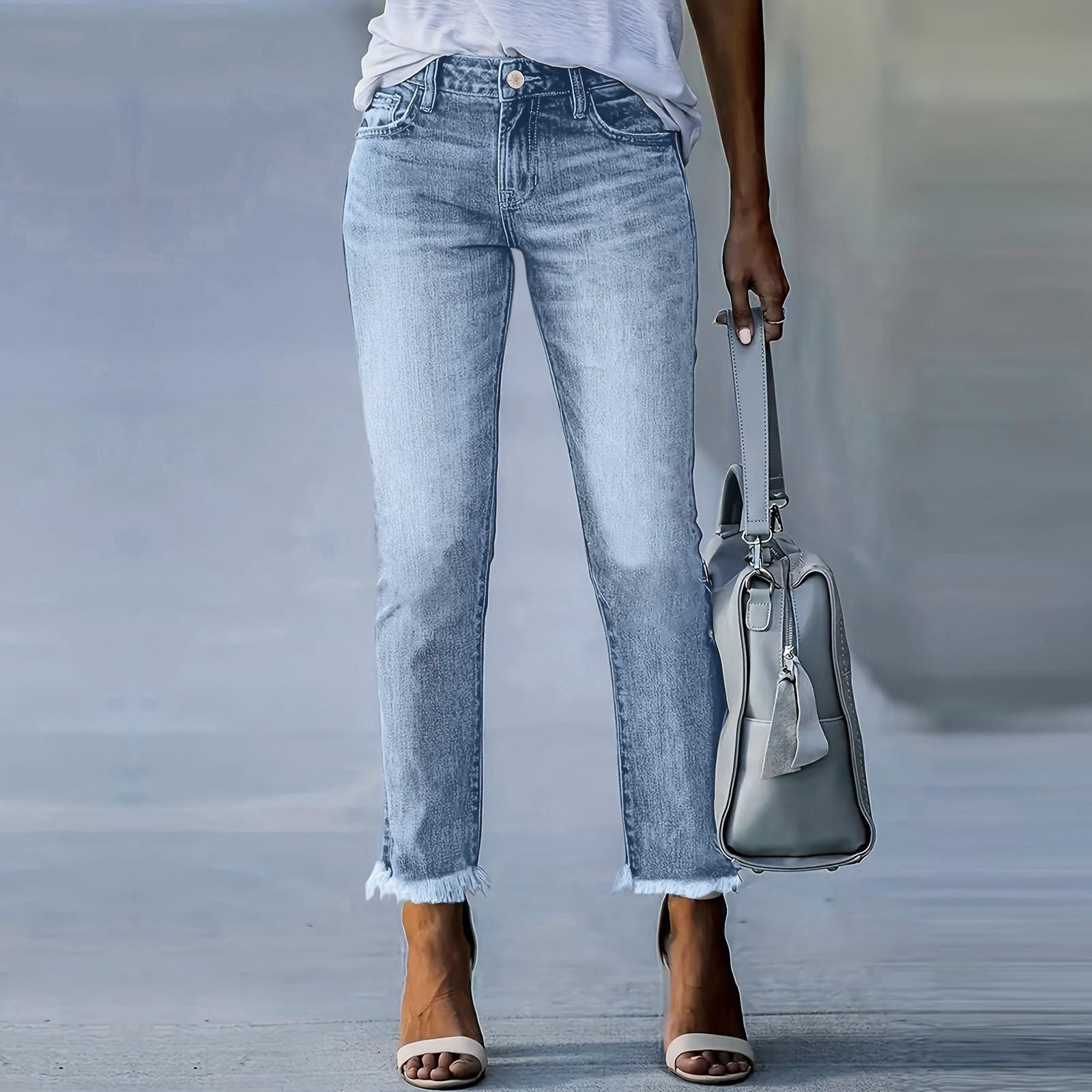 

Женские однотонные джинсы повседневные прямые укороченные XXL синий