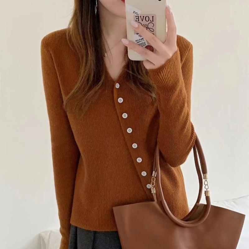 Early Autumn New Irregular Single-breasted Thin Design Loose V-neck Long-sleeved Knitted Sweater with Sweater Women