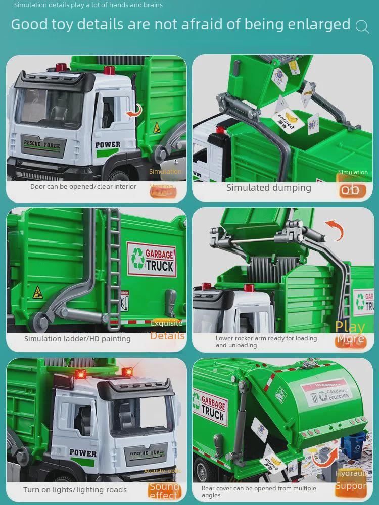 Large Alloy Sanitation Truck Toy with Garbage Classification Buckets - Perfect Birthday Gift for Boys