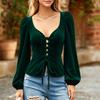 Women's Velvet Long Sleeve Tie-Front Blouse for Casual Everyday Wear