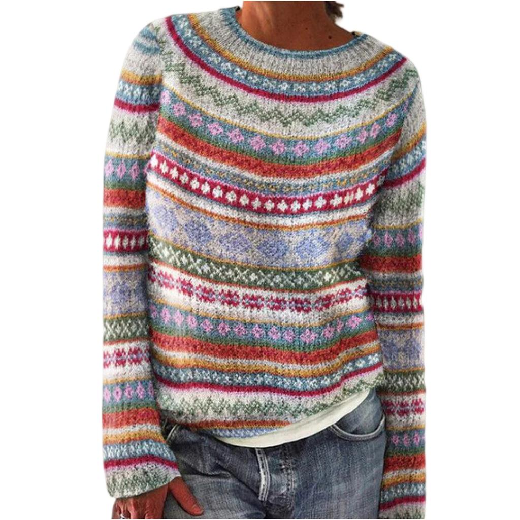 Ladies' Fashion Sweater, Round Neck, Color-block, Loose Pullover Long-sleeved Knitted Shirt Top