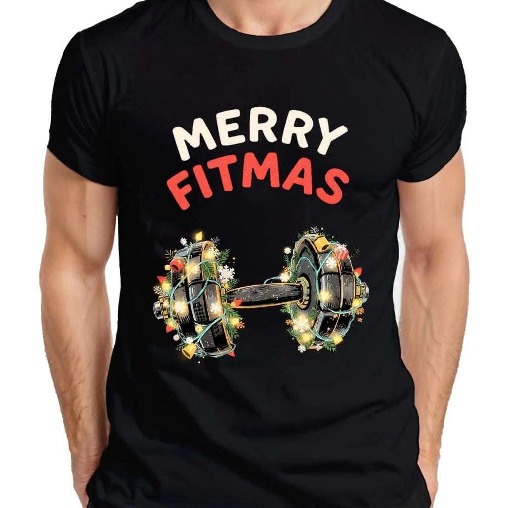 Merry Fitmas Dumbbell Christmas Weightlifting Funny Unisexs T Shirt Vintage Fashion Homme Versatile Slightly Breathable