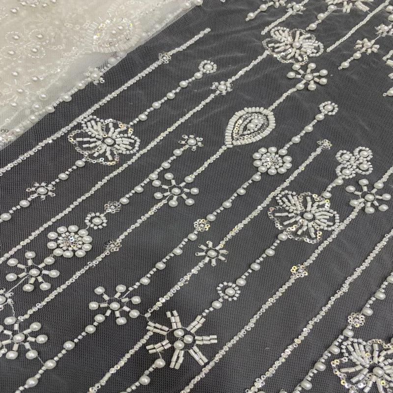 1 Yards White French Tulle Lace Fabric Stripe Floral design High Quality Nigerian Beaded Embroidered Lace Sequin For Party Dress