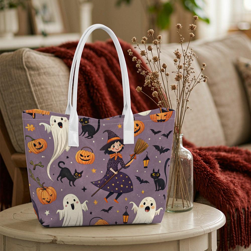 Cute Halloween Witch Ghost Pattern Tote Bag for Daily Use Shoulder Handbag
