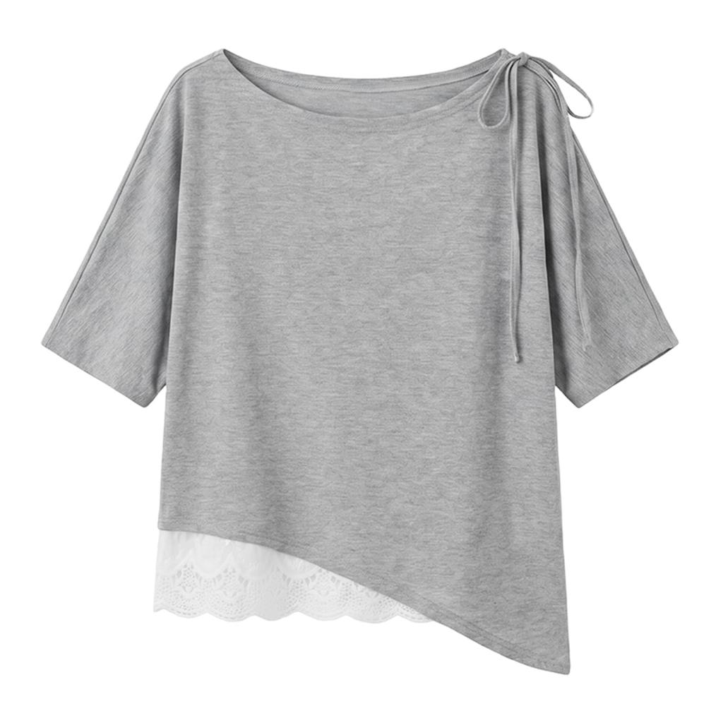 Light Lace Ribbon Glitter Top [ELLE] Women's Short-Sleeve Top, Gray, Hem, Tie, Knit, Off-Shoulder, Spring/Summer (JP, Alphabet, M)