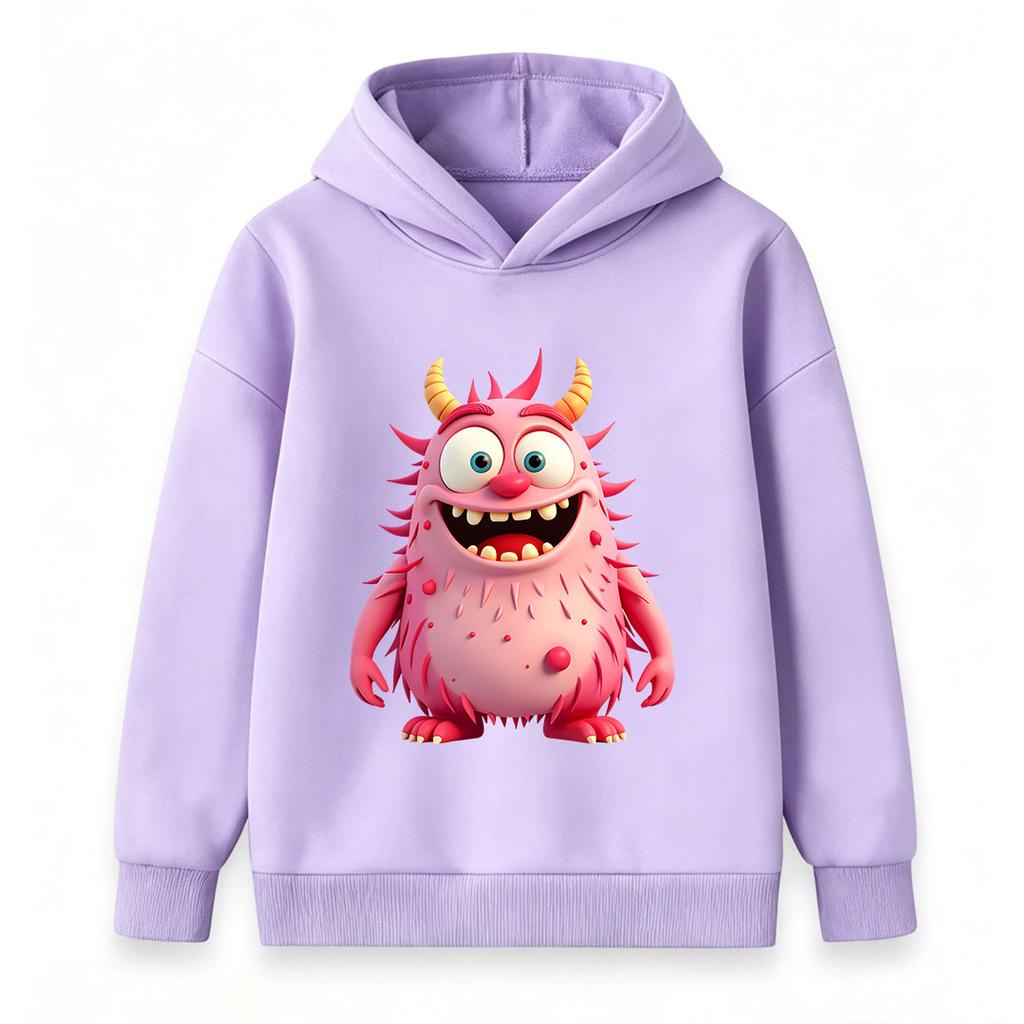 Kids Pink Fuzzy Monster Print Pullover Hoodie, Unisex Boys Girls Cute Cartoon Horned Monster Long Sleeve Casual Warm Hooded Sweatshirt for Daily Wear