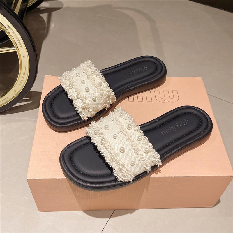 

Internet celebrity going out slippers women s summer wear 2025 new fashion flat-bottomed fairy wind one-word drag beach ins tide 35 бежевый